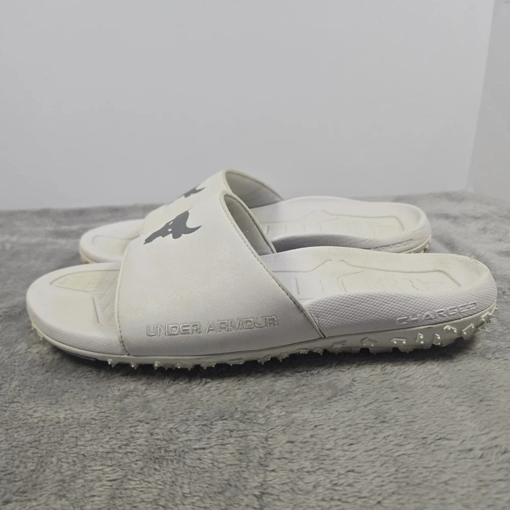 Under Armour Project Rock Slides Mens 10 White Michelin Gripper Sandals 3023761